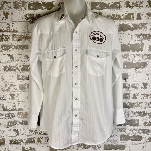 Dos De Oro Rodeo Shirt Sz M Pearl Snap Clean White Red Embroidery Front Back - Picture 2 of 12